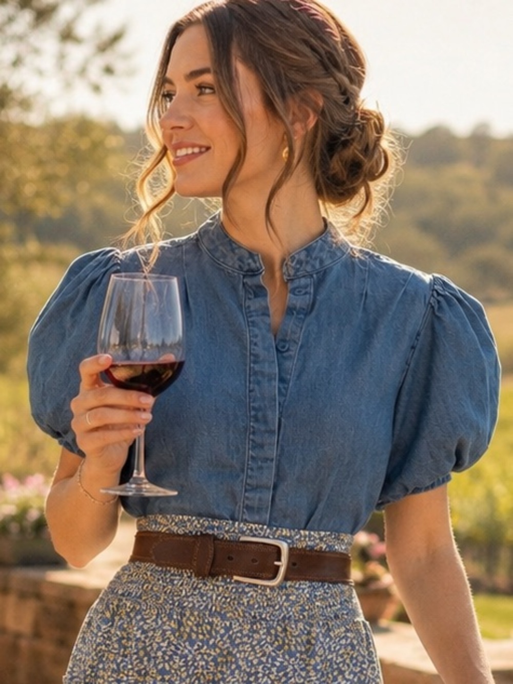 Denim Chambray Puff Sleeve Button Up Prairie Blouse Cottagecore Top - Picture 1 of 12